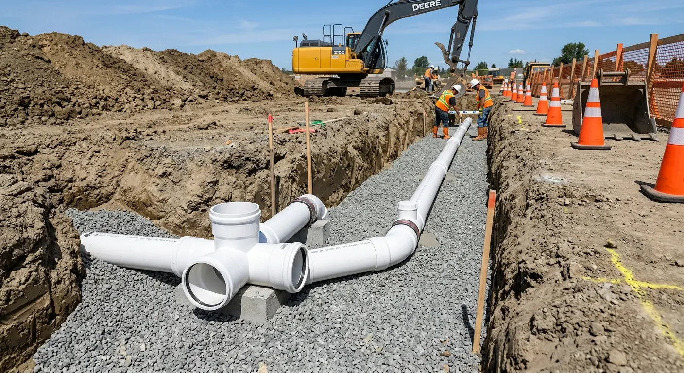 New PVC sewer pipe installation in open trench for Sewer Backup in Cameron Park