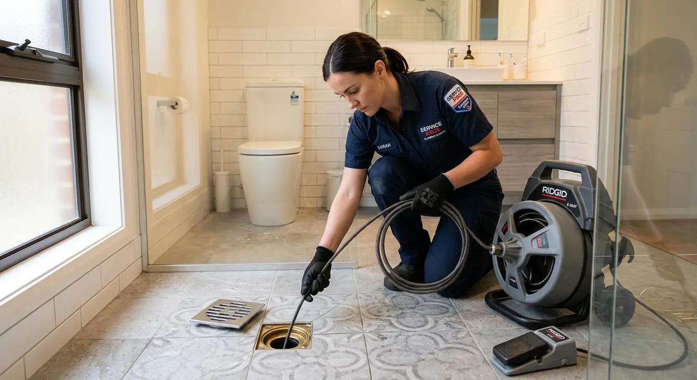 Technician clearing a bathroom floor drain for Drain Cleaning in Cameron Park